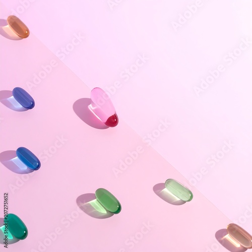 Colorful gel capsules scattered on pink background with sunlight shadows