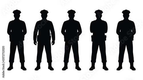 Five men standing in a row silhouettes