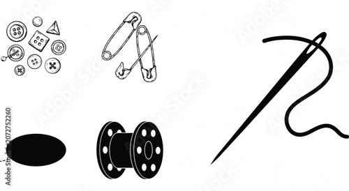 Photos Sewing tool icon set with needle thread spool button and safety pin black silhou