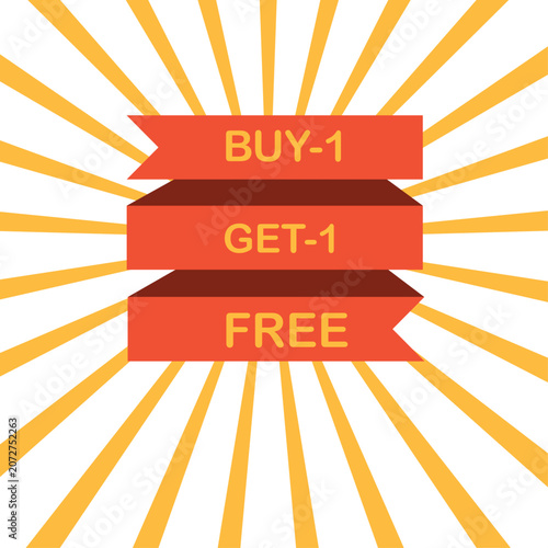 Buy 1 get 1 free promotional sale banner design. Red ribbons with typography on a yellow starburst sunbeam background for retail marketing campaigns, discounts, and shopping offers.