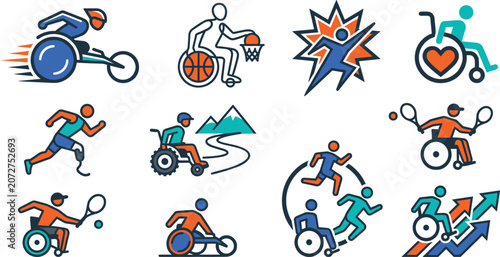 Disabled sports and paralympic athlete icon set with wheelchair racing basketball tennis running and inclusion concepts vector