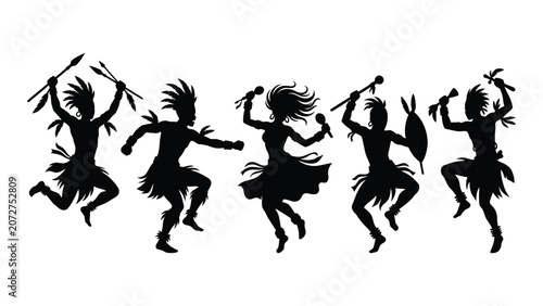 Schilderij op canvas Black silhouette of african tribal people dancing