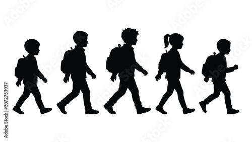 Black silhouettes of school children walking in a row