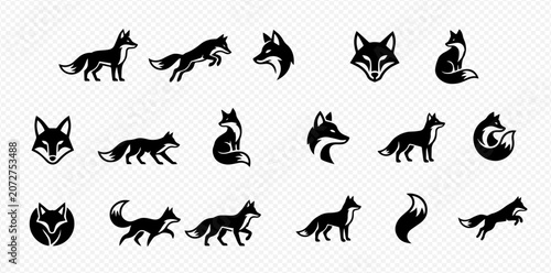 Obraz na plátně Collection of black fox silhouettes in various poses and head profiles, ideal for logos and graphic design elements