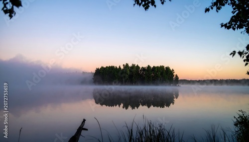 Serene lake scene at dusk, island with trees reflected in still water, fog and foliage