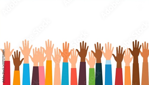 Group of diverse, cartoon hands raised against a white background, symbolizing unity