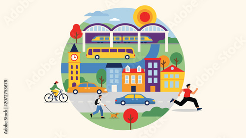Colorful city life illustration with people commuting by bus train and bicycle in a modern urban landscape with houses and trees Vector