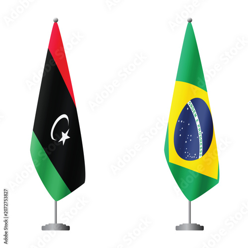 Canvastavla Libya and Brazil flags on flagpoles for official ceremonies and meetings, transp