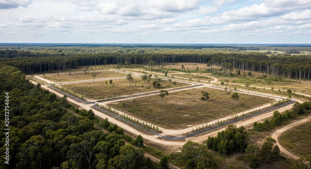 Naklejka premium Expansive rural land development site with new roads carved through cleared fields adjacent to dense forest