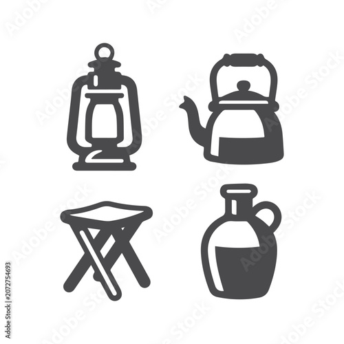 camping gear icons lantern kettle jug folding stool