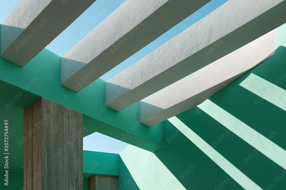 Naklejka premium Modern pergola overhead beams and textured columns with teal walls and blue sky for architectural background and banner design