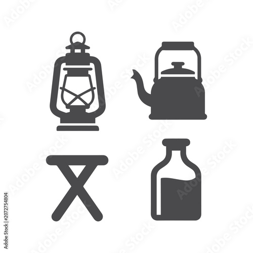 Camping essentials icons lantern kettle stool bottle