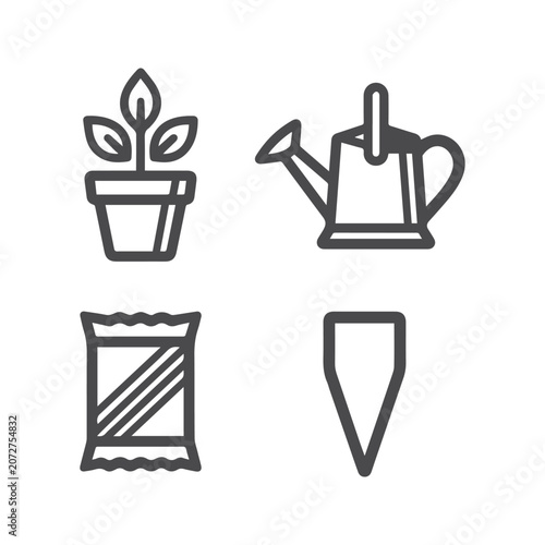 Gardening tools icons plant watering can seed packet stake