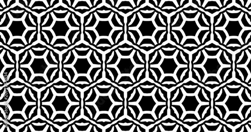Black and white seamless geometric lattice pattern with interlocking circular shapes. Repeating vector ornament for wallpaper, textiles, packaging, and decorative backgrounds.