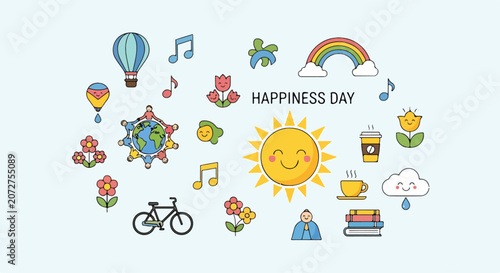 A colorful illustration celebrating happiness with various cheerful icons