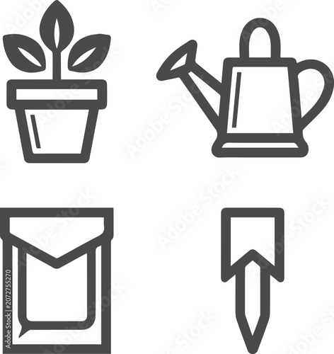 Gardening tools icons plant pot watering can seed and stake