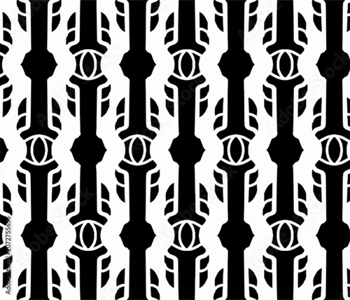 Vertical black and white seamless pattern with geometric stripe elements. Repeating ornamental vector design for wallpaper, fabric, packaging, and decorative backgrounds.