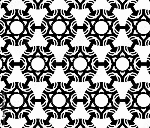 Abstract black and white geometric seamless pattern with circular lattice shapes. Repeating ornamental vector background ideal for wallpaper, textile, wrapping paper, and surface design.