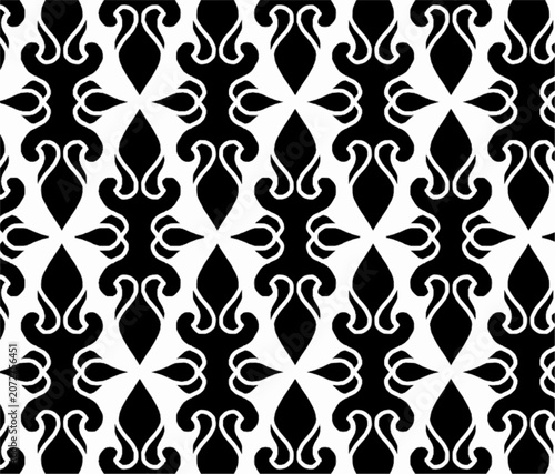 Abstract black and white seamless pattern with curved ornamental motifs. Repeating vector design suitable for wallpaper, fabric, wrapping paper, and decorative applications.
