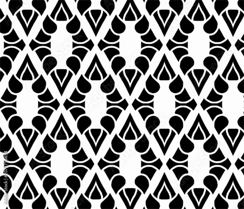 Black and white seamless geometric pattern with diamond and oval elements. Elegant repeating vector ornament suitable for textiles, wallpapers, packaging, and decorative surfaces.
