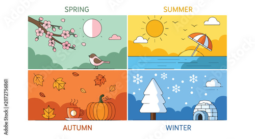 A colorful illustration of four seasonal scenes (3)