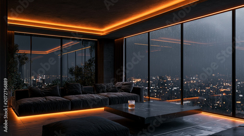 Elegant Contemporary Living Room With Floor To Ceiling Windows And Amber Lighting