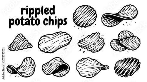 Tableau sur toile Pile of crispy ripple potato chips vector collection, snack food illustration isolated for party, picnic, fast food, restaurant menu, and packaging design