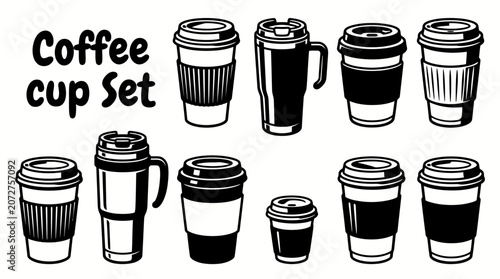 Photos Set of Coffee cup lid and cardboard sleeve isolated, hot beverage container for