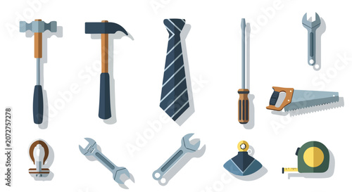 Photos A collection of various tools and a necktie on white background