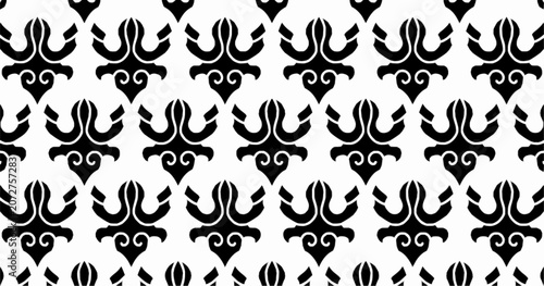 Black and white seamless ornamental floral pattern with stylized tulip motifs. Repeating vector background for wallpaper, textiles, packaging, and decorative design.