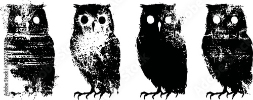 grunge black and white owl silhouettes with textured distressed overlay design