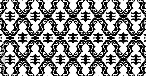 Seamless black and white ornamental pattern with stylized floral motifs. Repeating decorative vector background suitable for wallpaper, textiles, and surface design.