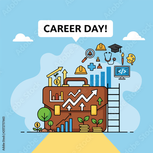 A colorful illustration depicting a briefcase with various career symbols