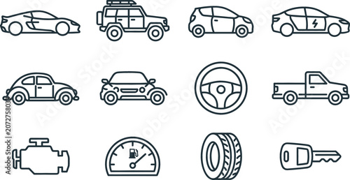 Foto Car and automotive thin line icon set with sedan suv electric vehicle engine tir