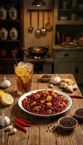 Sichuan cuisine Hot and spicy chicken (Laziji) with iced lemon tea on kitchen table