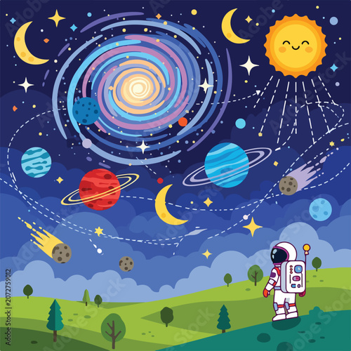 A cartoon astronaut on hill looking at planets and stars