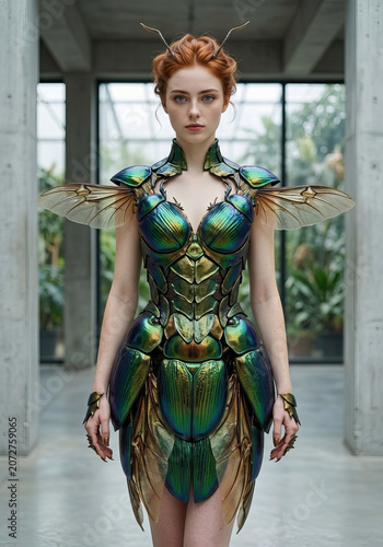 Women posing in insect inspired costume like a fairy from fantasy tale