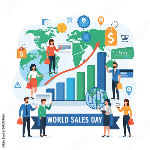 A colorful illustration depicting a global sales scene