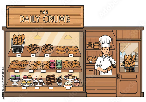 A cartoon bakery with pastries and a chef