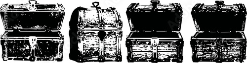 Vintage treasure chests illustration classic wooden and metal lock boxes in different shapes and open lids