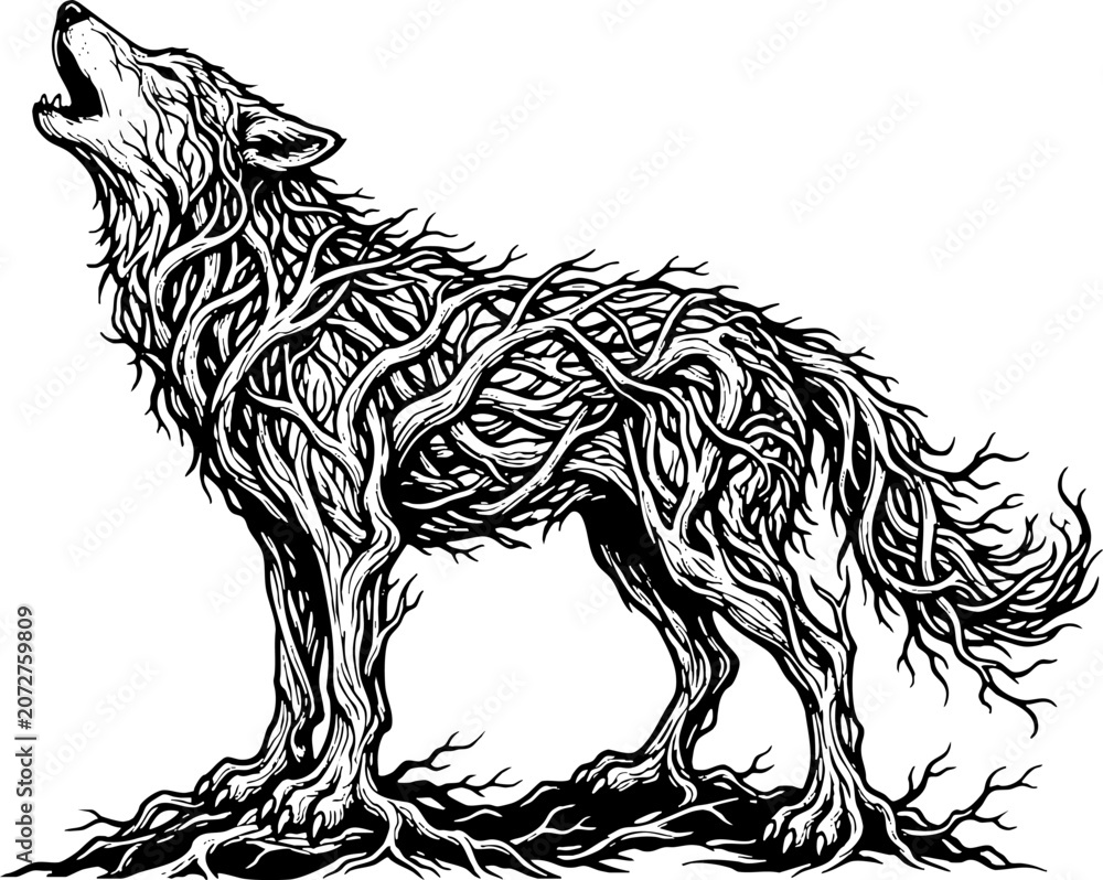 Obraz premium Howling Wolf Silhouette Made of Tree Branches and Roots Illustration