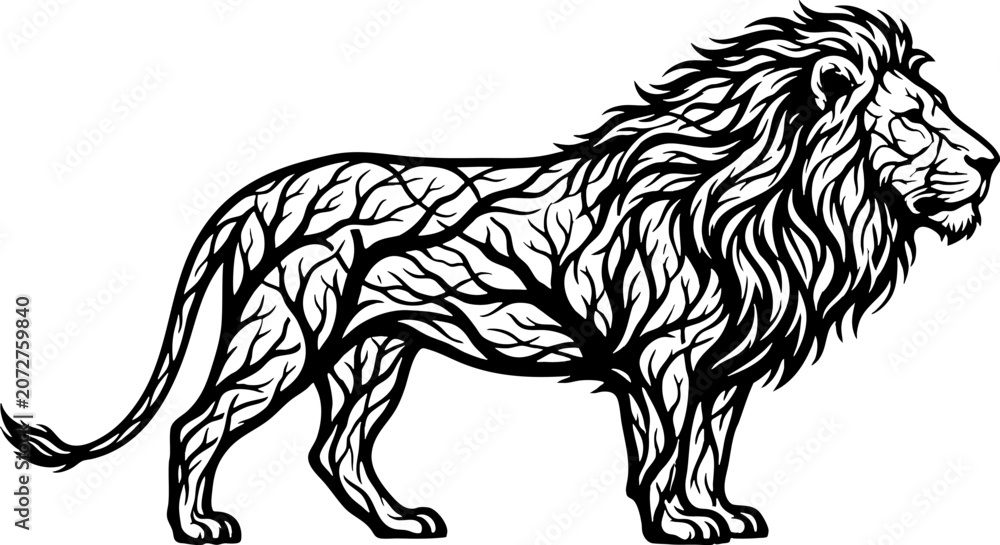 Obraz premium Lion Silhouette with Tree Branches Texture Graphic Art