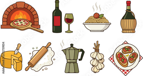 Tableau sur toile Italian food cuisine icon set with pizza oven pasta wine cheese moka pot garlic