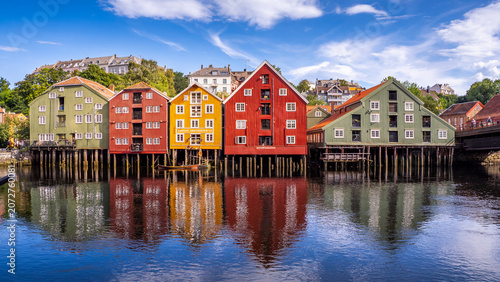 View of the warehouses in the Bakklandet neighborhood along the Nivelda River in Trondheim