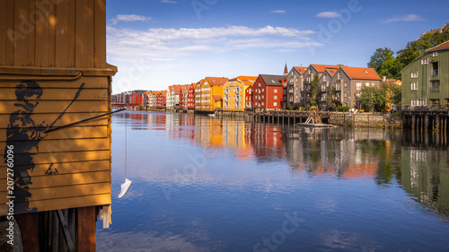 View of the warehouses in the Bakklandet neighborhood along the Nivelda River in Trondheim