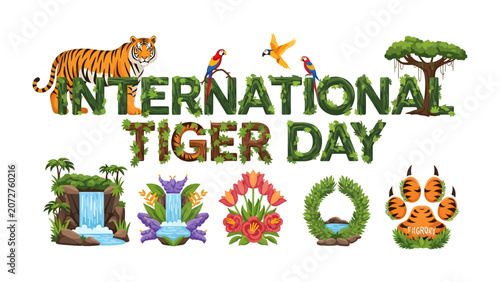 Canvas Print International Tiger Day Illustration: A vibrant illustration celebrating International Tiger Day, featuring a majestic tiger, colorful parrots, a waterfall, floral elements, and a tiger paw print