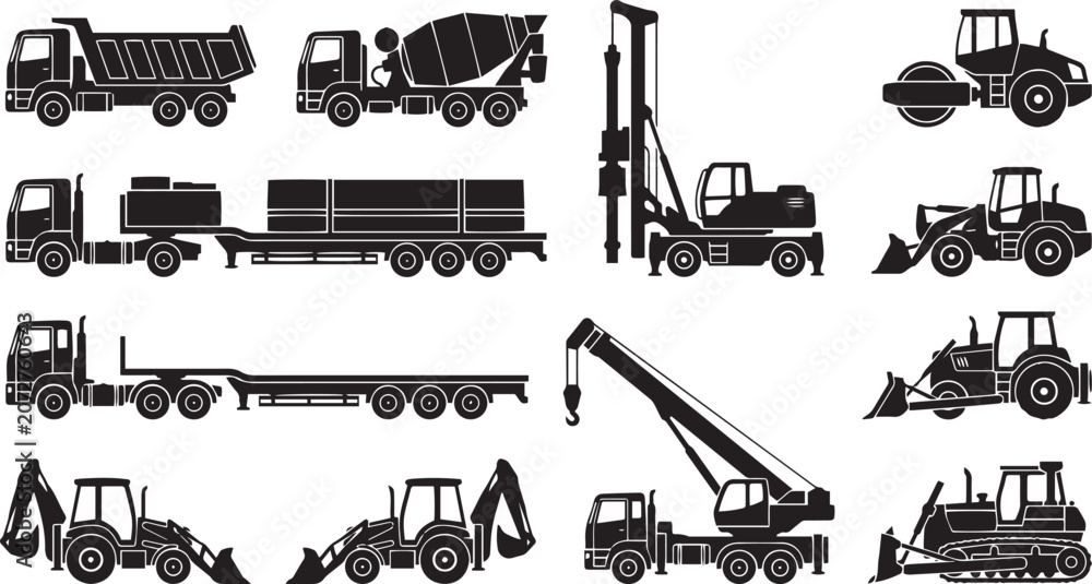 Obraz premium Heavy construction machinery vehicle icon set featuring dump truck cement mixer mobile crane and bulldozer silhouettes isolated on white background