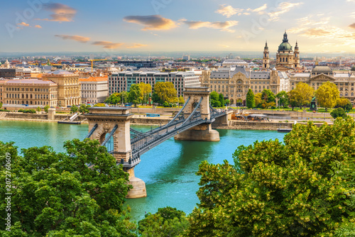 Budapest cityscape at sunset with Chain Bridge and St. Stephen's Basilica view from Buda Castle