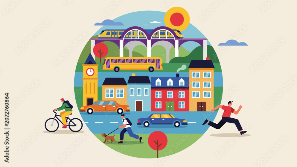 Naklejka premium Colorful flat illustration of a busy city street with buildings cars people cycling and running in a vibrant urban environment Vector