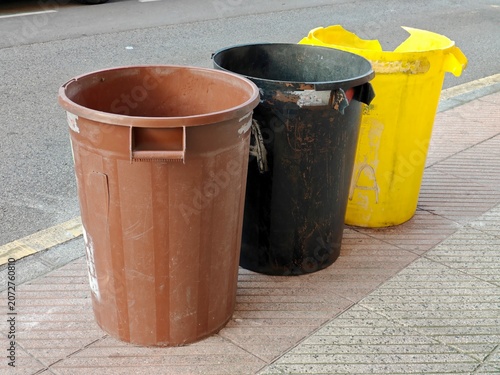 Colored Trash Bins on Sidewalk, Recycling, Urban Cleanliness, Waste Management